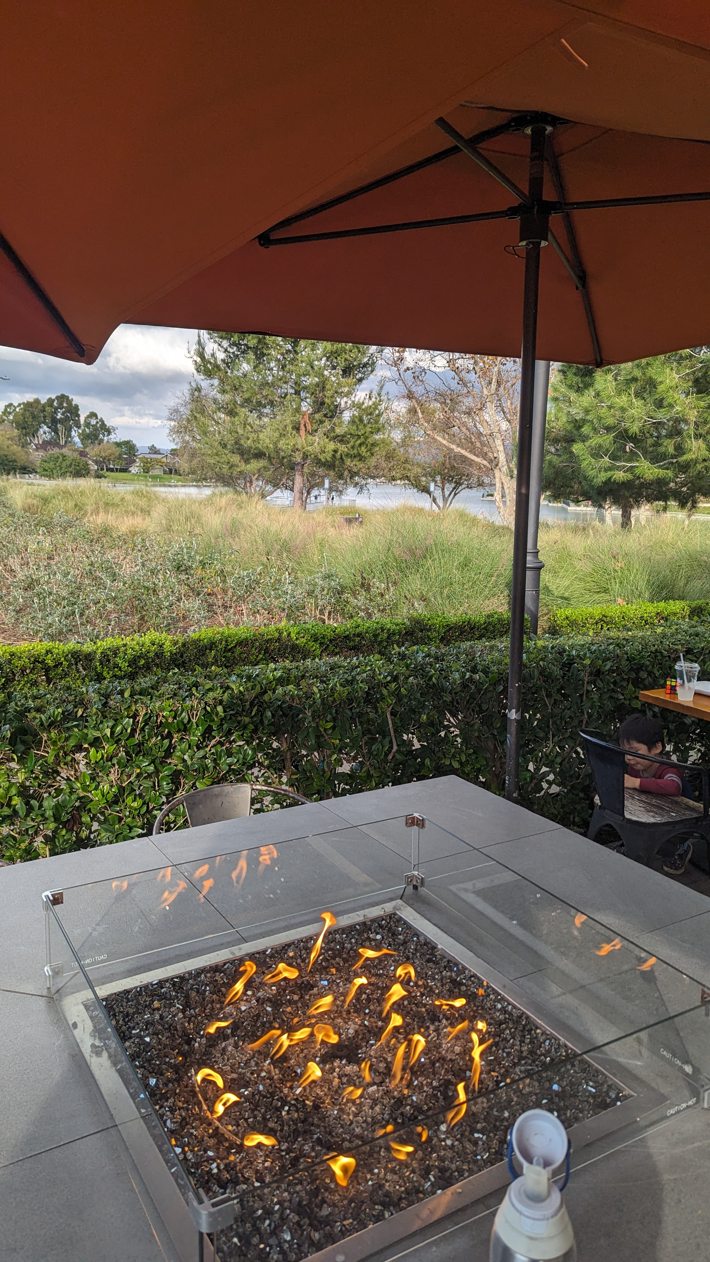 View from the firepit at Sessions, a sliver of lake visible in the distance